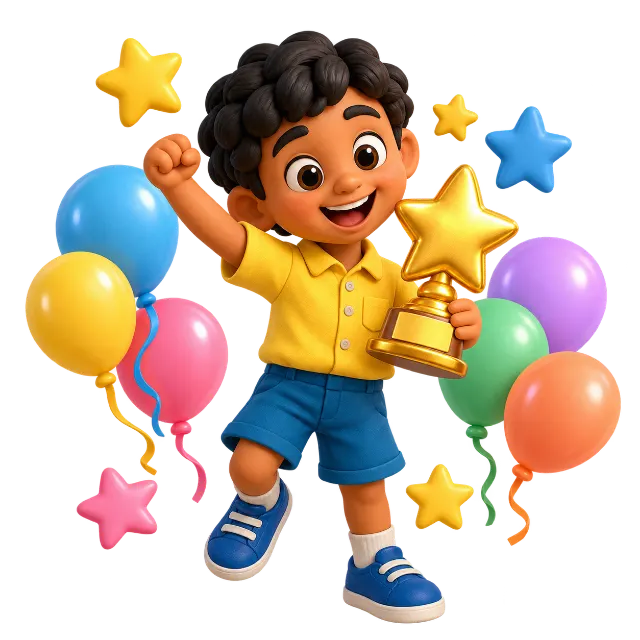 Our smiling classmate celebrates with a golden star trophy and colourful balloons.