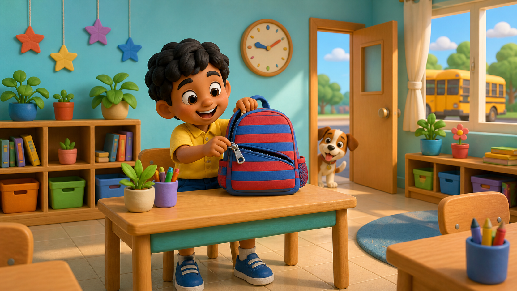 A child opens a striped school bag in a classroom.