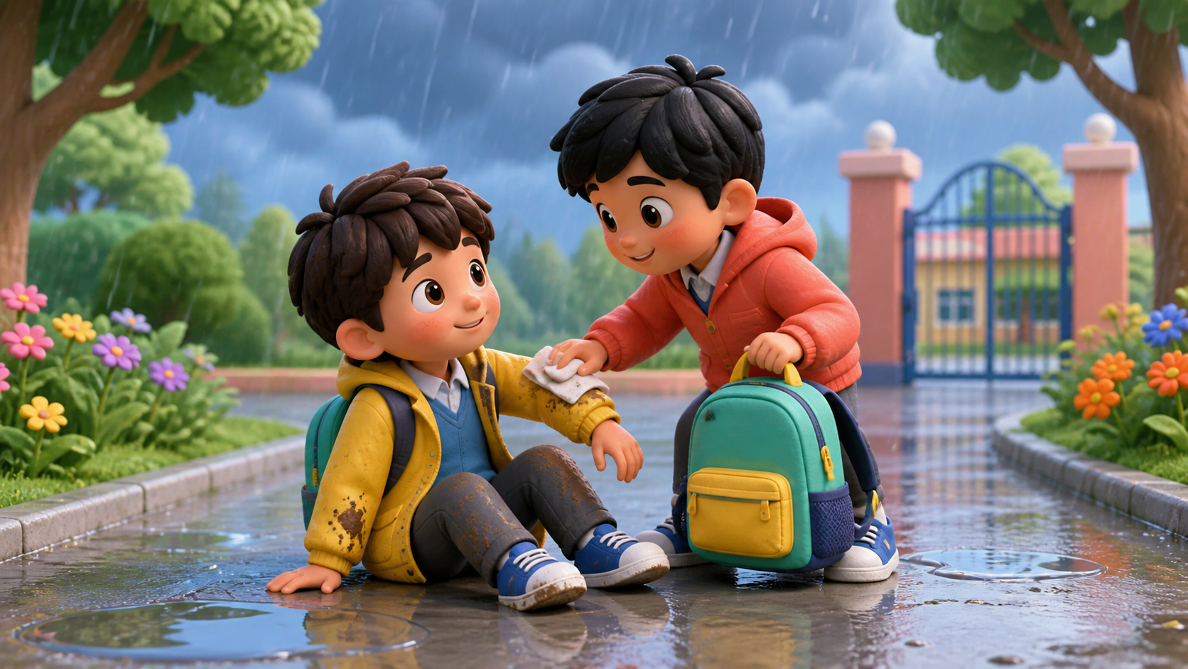Sam helps his friend after a slip in the rain.