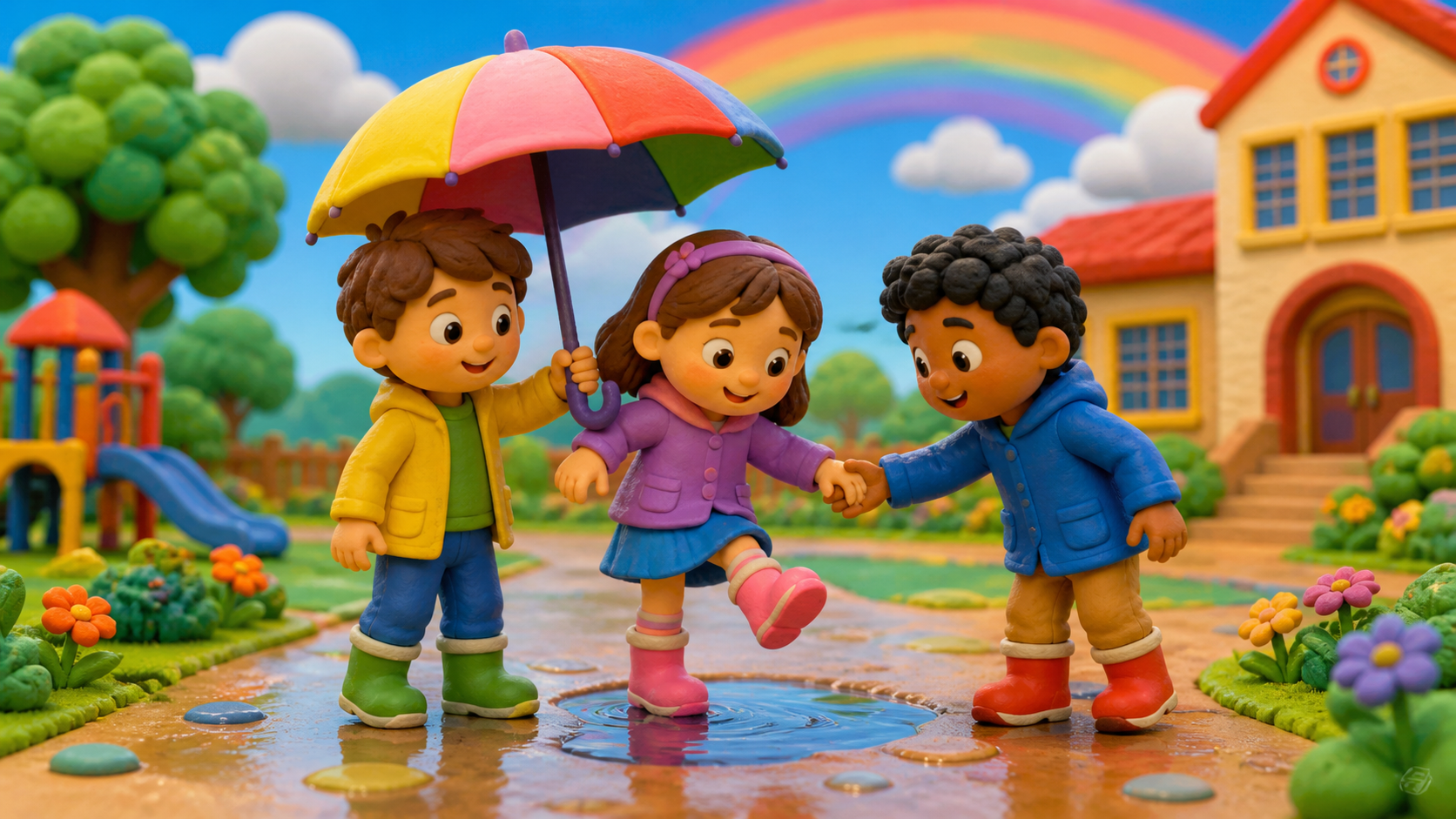 Three friends share an umbrella beside puddles.