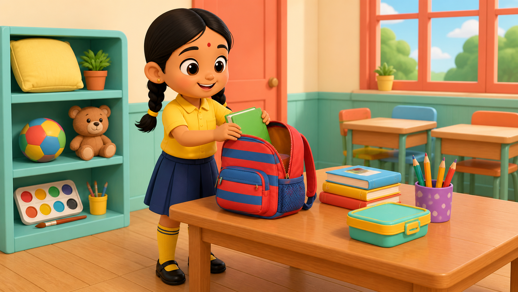 A child packs books into a striped school bag in a bright classroom. A pillow, ball and paint set stay on a nearby shelf.