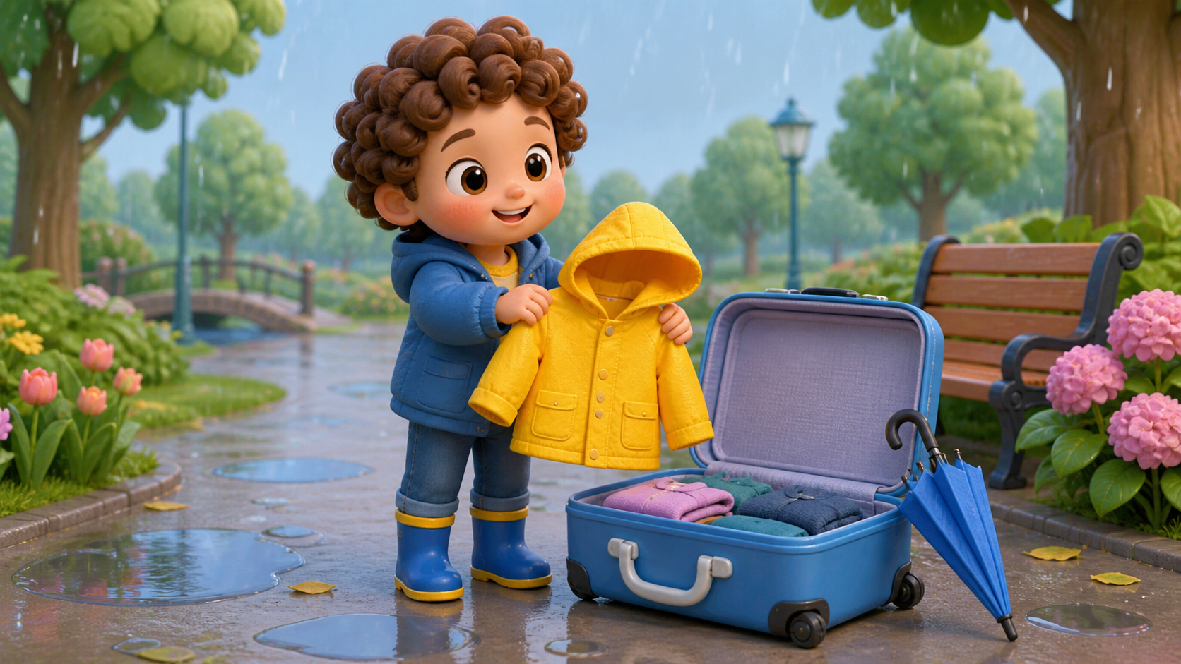 A child in a warm raincoat stands outside in a wet month.