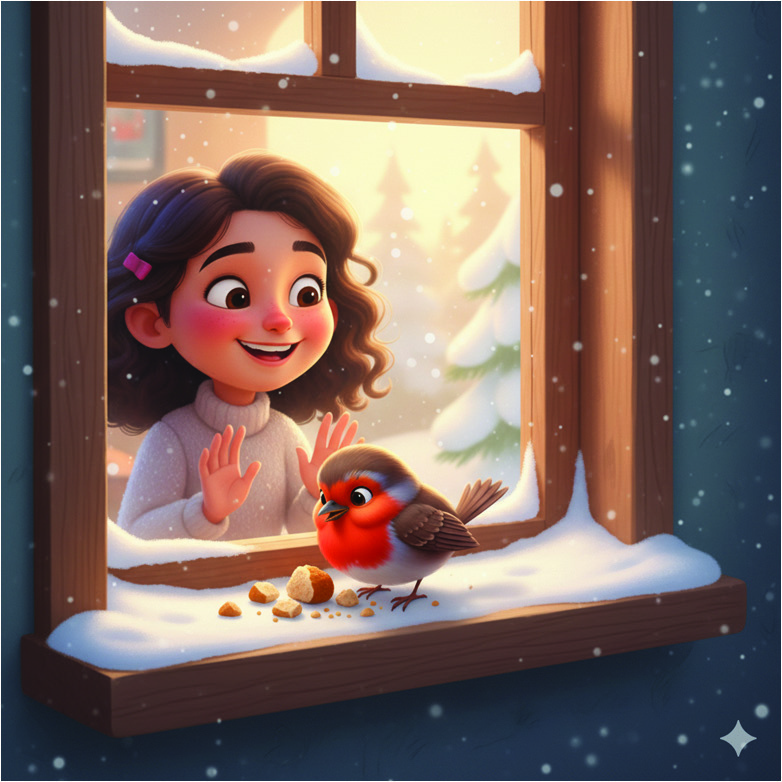 A child leaves crumbs on a windowsill while a red-chested robin watches in a flower garden.