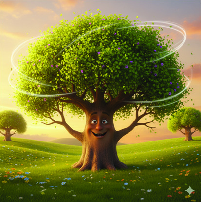 Leaves move around a smiling tree in the wind.
