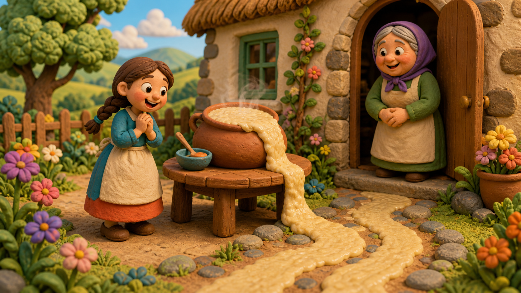 Mia stands beside the little porridge pot.