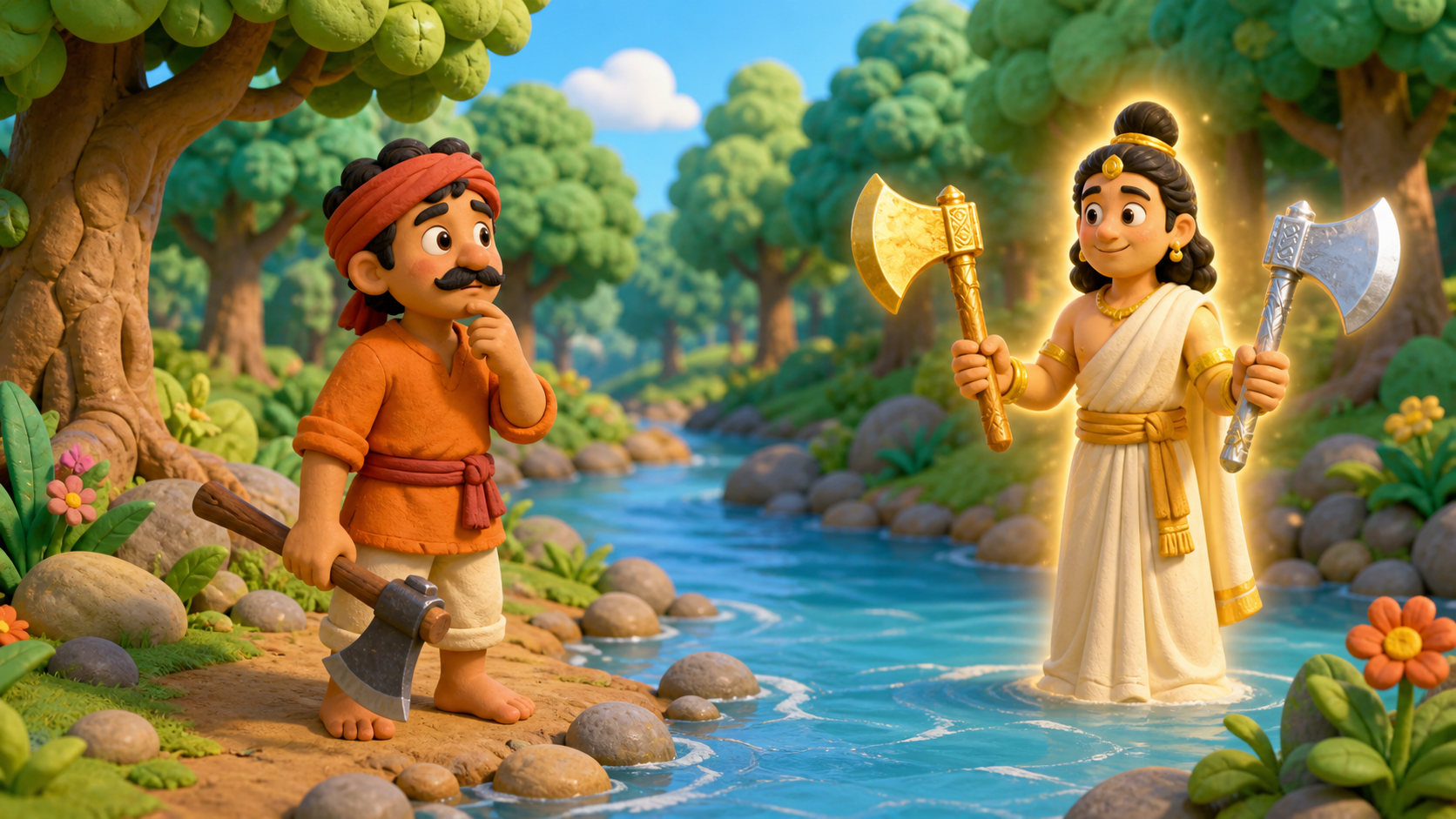 Hari holds his iron axe. The fairy holds the gold and silver axes.